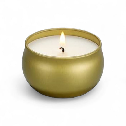 Dabble Doll gift box featuring a gold candle in a stylish round metal container, perfect for women and girls