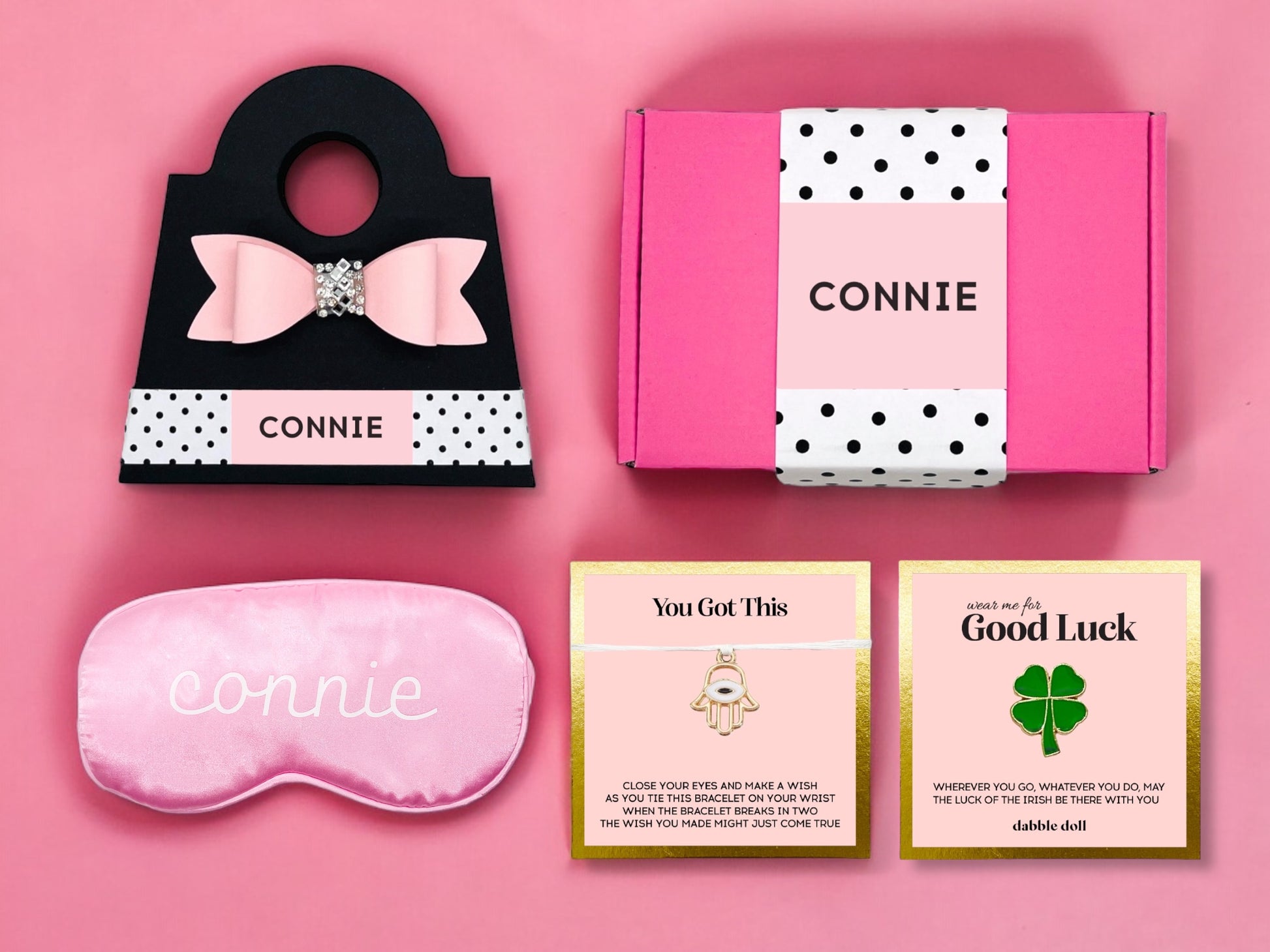 Personalized gift box for women featuring a pink sleep mask and motivational cards, perfect for girls' celebrations