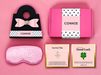 Personalized gift box for women featuring a pink sleep mask and motivational cards, perfect for girls' celebrations
