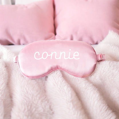 Pink satin sleep mask with the name Connie, perfect gift box for girls and women