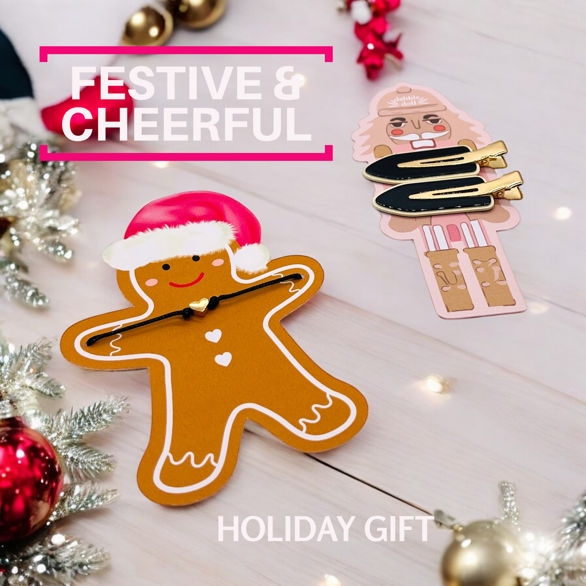 Festive Gift Box for girls featuring a gingerbread man and holiday-themed hair clips
