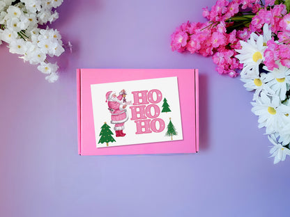 Pink Gift Box decorated for girls with festive Santa design and holiday trees