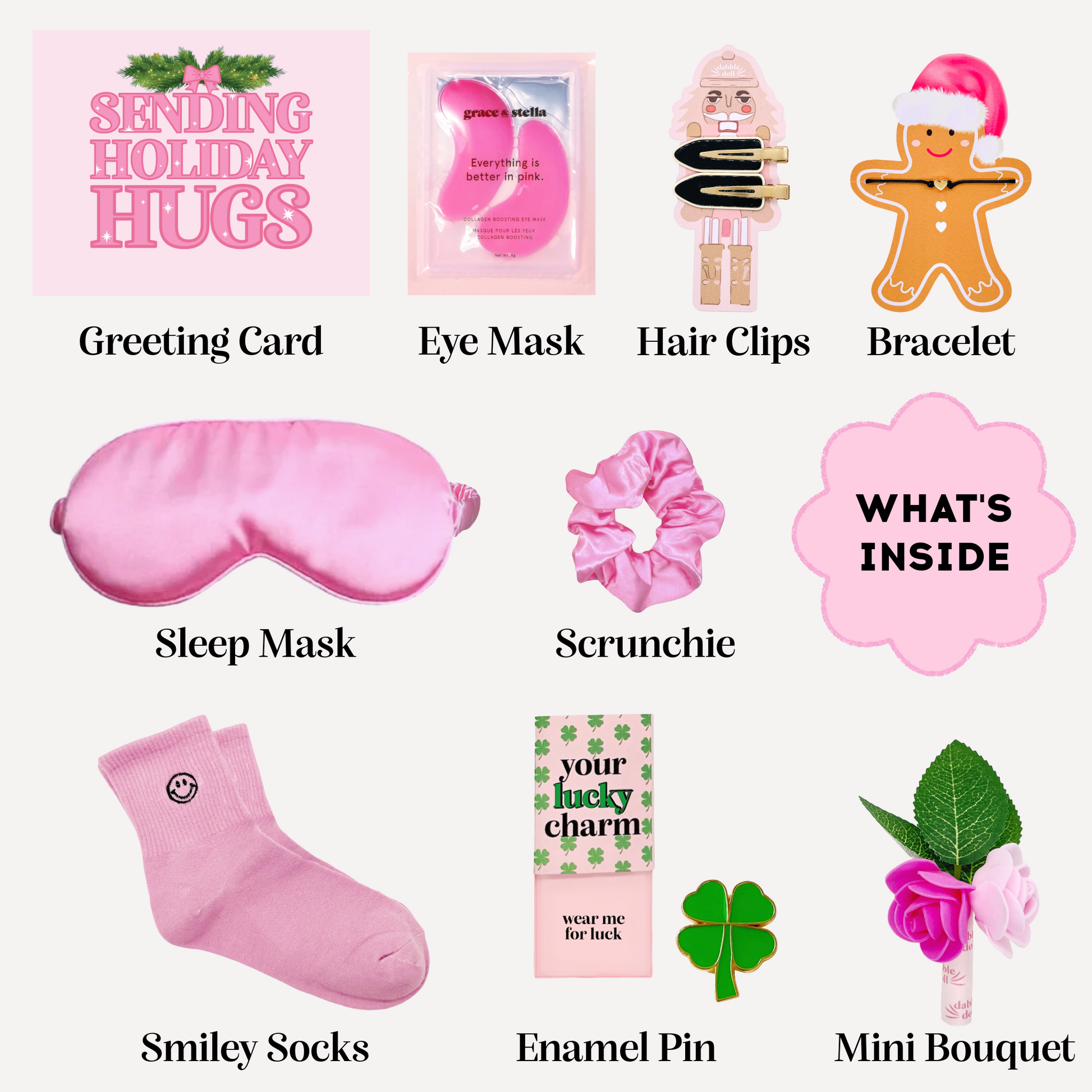 Dabble Doll pink gift box for girls featuring sleep mask, scrunchie, hair clips, and festive accessories