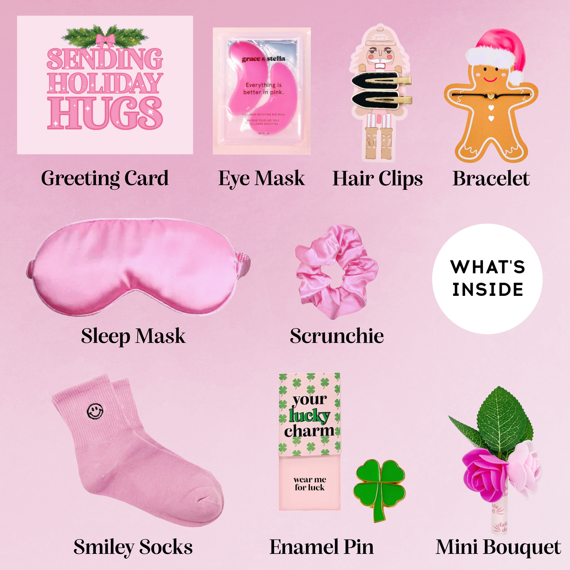 Pink gift box for girls featuring hair clips, a sleep mask, scrunchie, and festive accessories