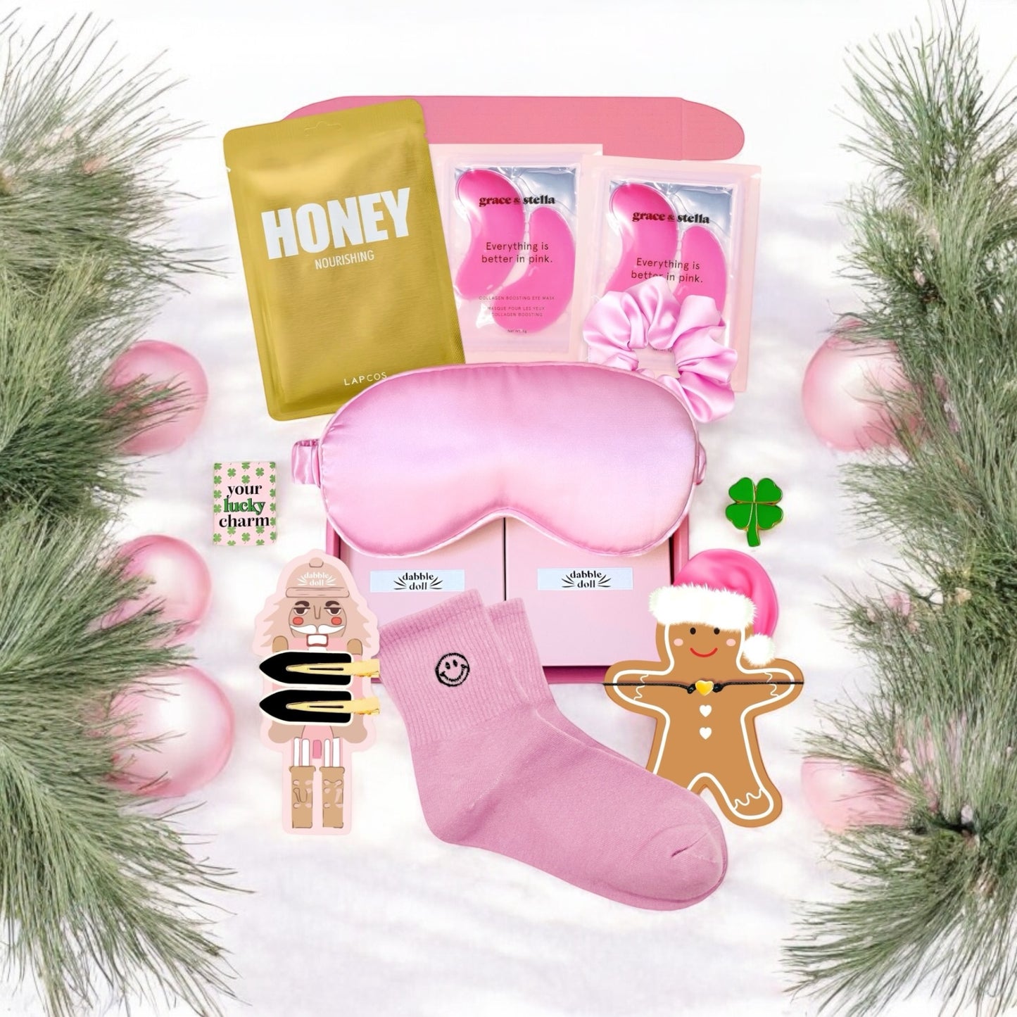 Pink Gift Box for girls with sleep mask, socks, and fun accessories for relaxation and beauty