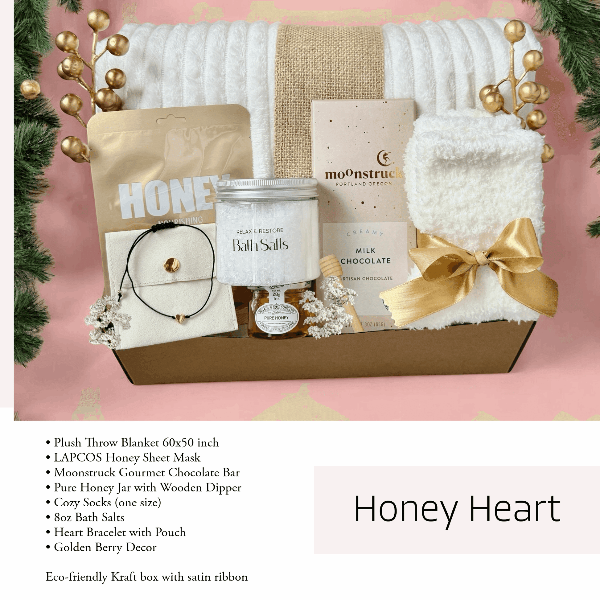 Eco-friendly gift box for women featuring a plush throw blanket, honey products, and bath essentials