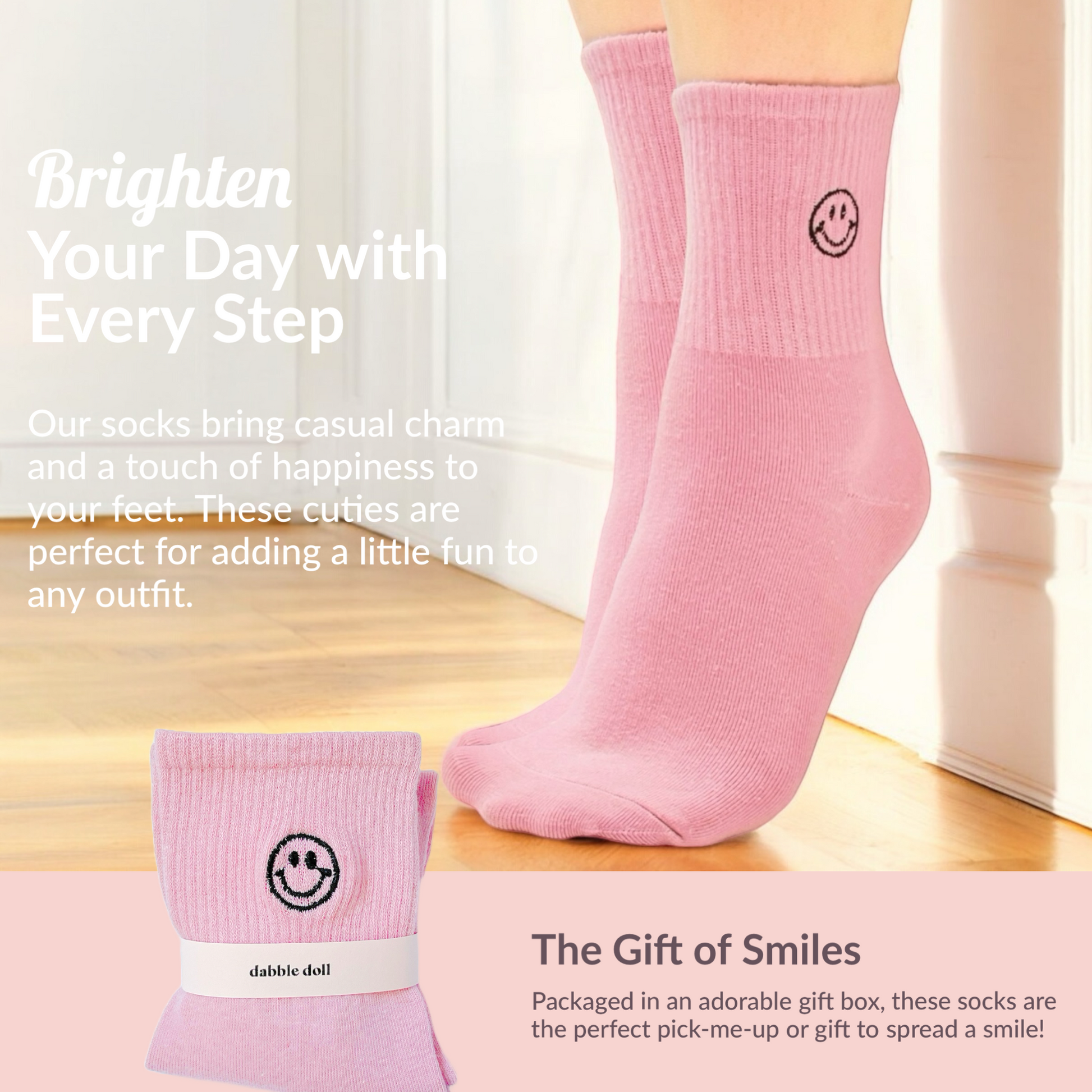 Pink cotton gift box containing cheerful socks for girls and women to brighten any outfit