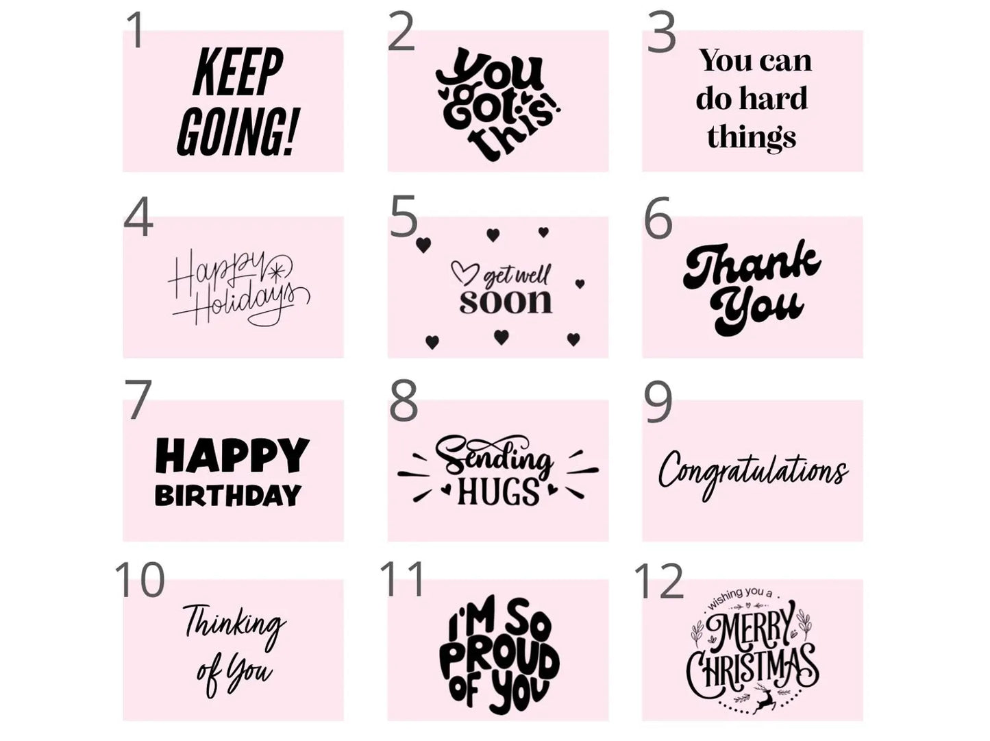 Pink gift box featuring uplifting greeting cards for girls and women, including birthday and holiday themes