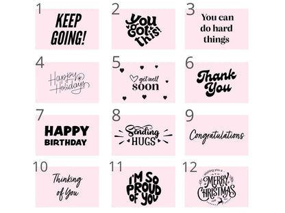 Pink gift box featuring uplifting greeting cards for girls and women, including birthday and holiday themes