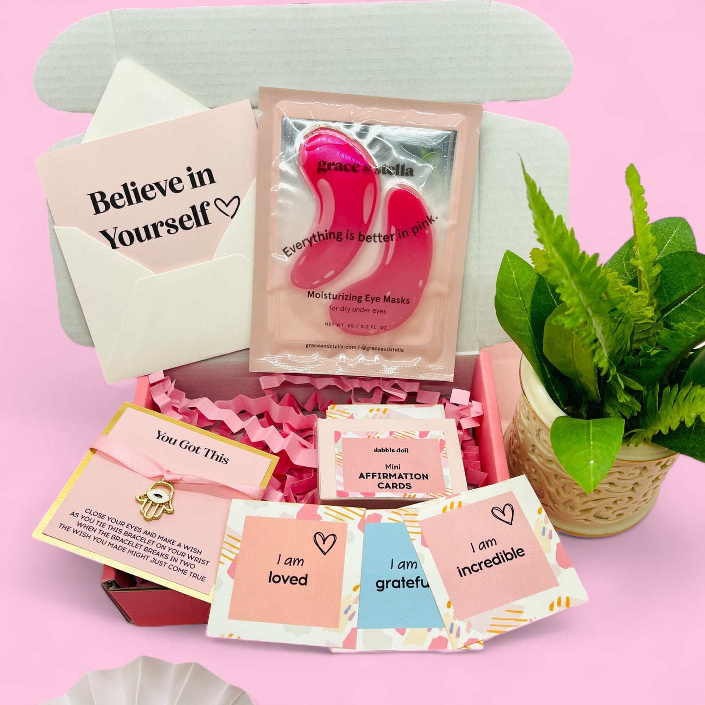 Dabble Doll Affirmation Card Set in Pink for Girls and Women with Moisturizing Eye Masks