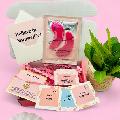 Dabble Doll Affirmation Card Set in Pink for Girls and Women with Moisturizing Eye Masks