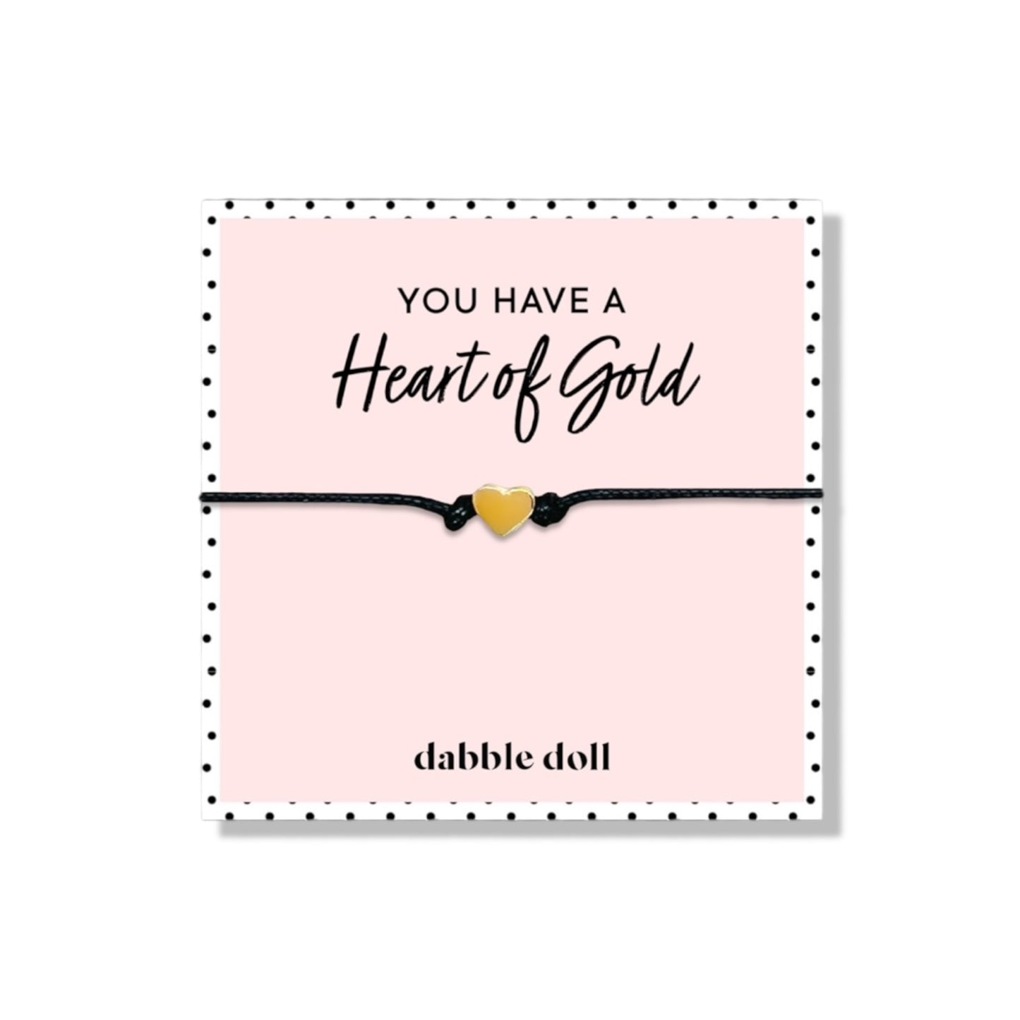 Dabble Doll heart bracelet in gold with black cord, perfect gift for girls and women