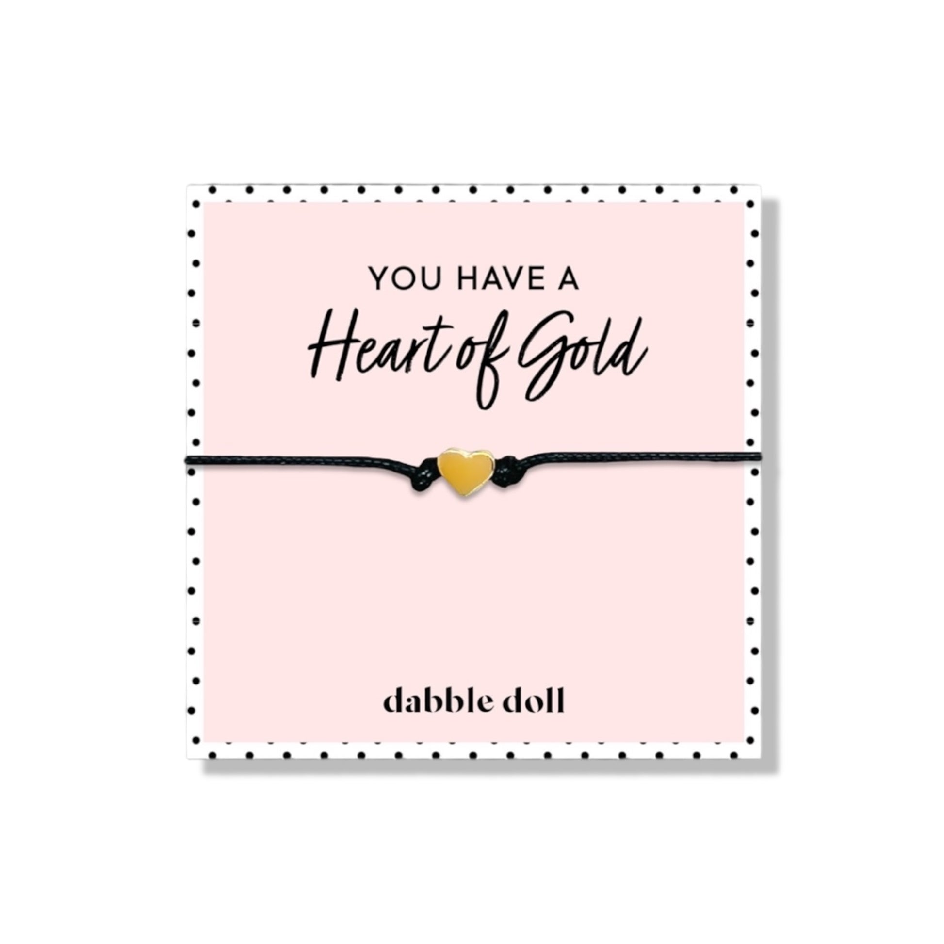 Dabble Doll heart bracelet in gold with black cord, perfect gift for girls and women