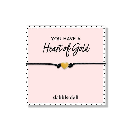 Dabble Doll heart bracelet in gold with black cord, perfect gift for girls and women