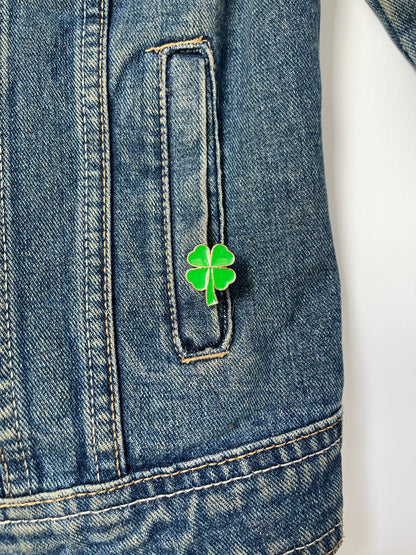 Dabble Doll Green Denim Jacket for Girls and Women featuring a Luck Shamrock Pin Detail