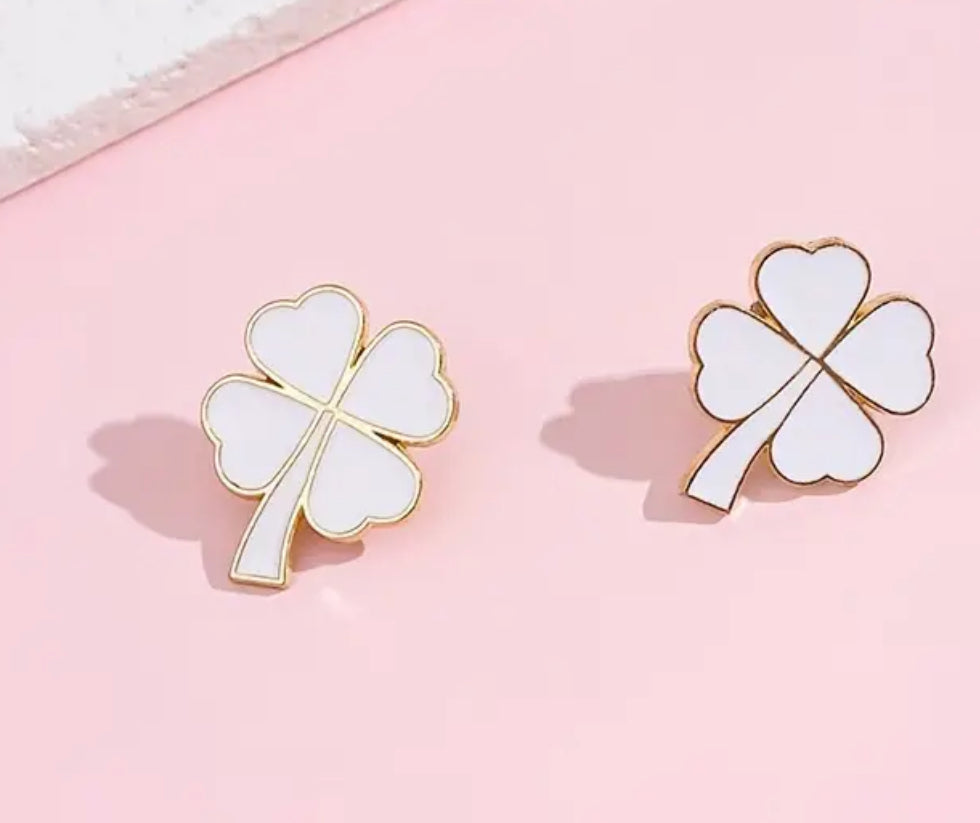 Dabble Doll White and Gold Lucky Clover Earrings for Girls and Women with Heart-Shaped Leaves