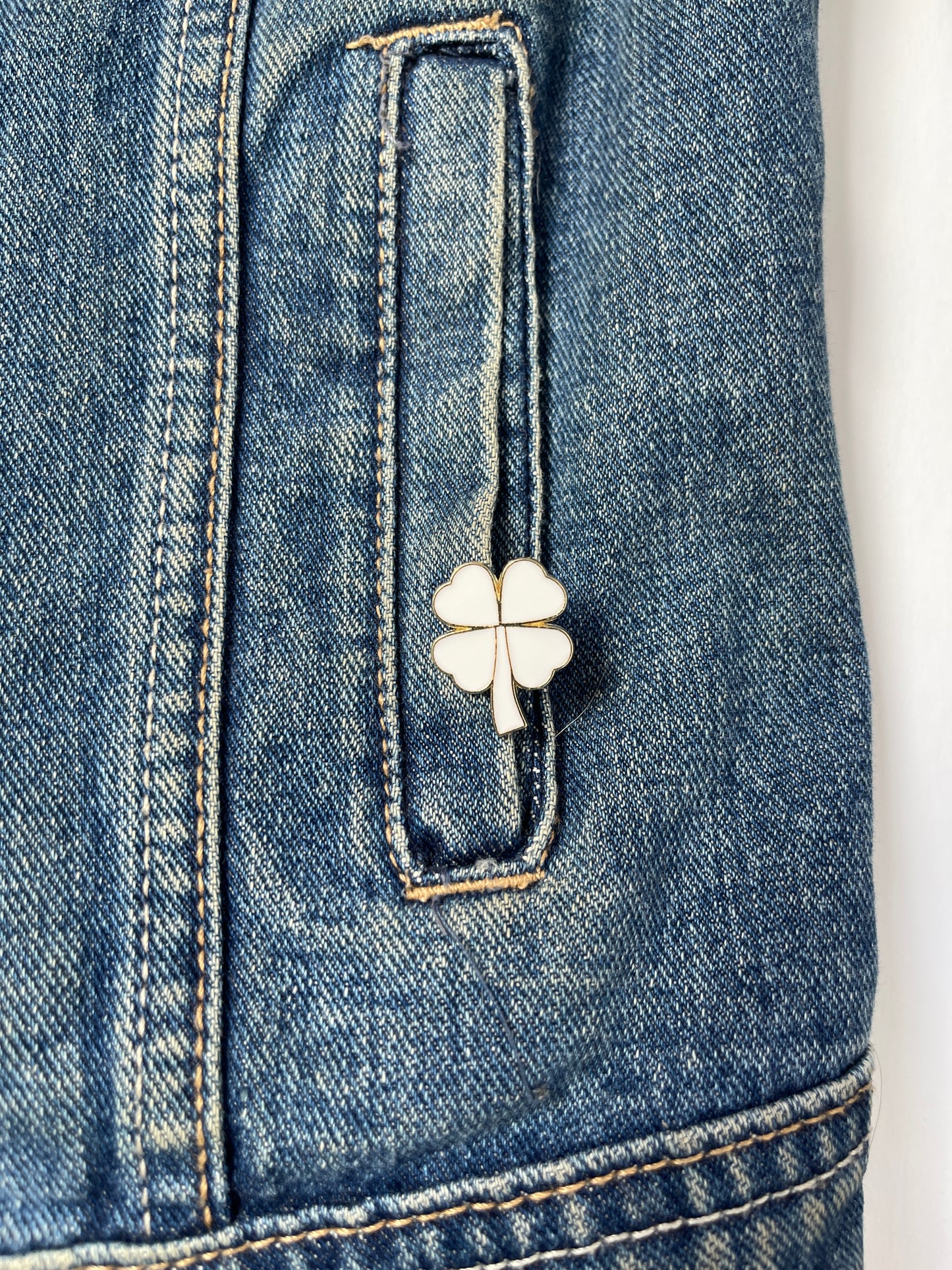 Dabble Doll Denim Jacket with White Clover Pin Symbolizing Luck for Girls and Women