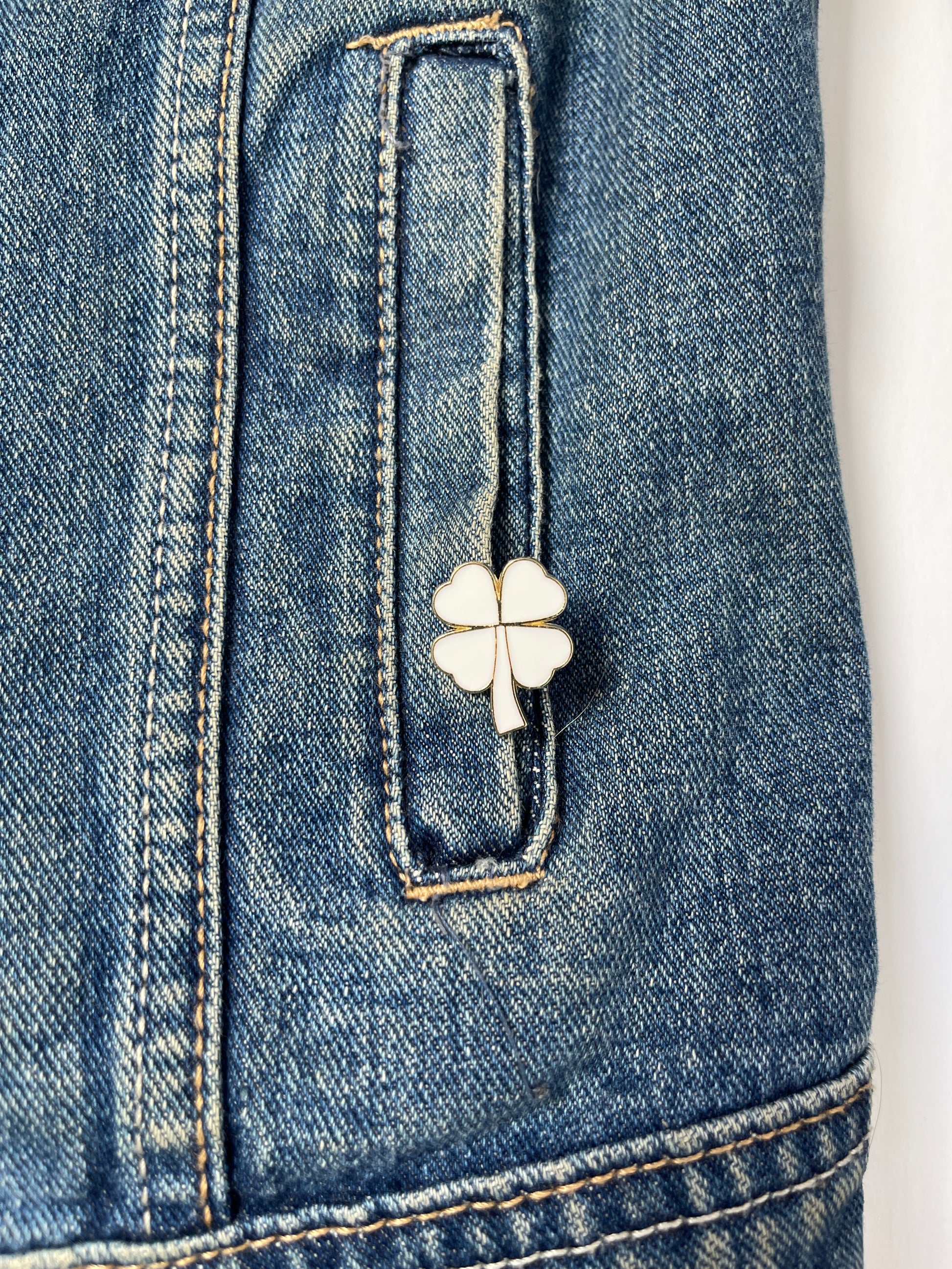Dabble Doll Denim Jacket with White Clover Pin Symbolizing Luck for Girls and Women