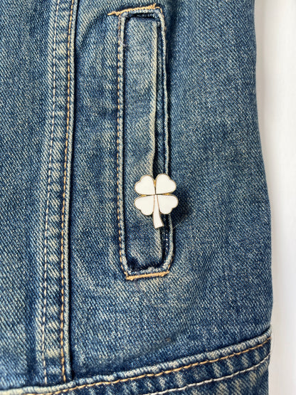 Dabble Doll Denim Jacket with White Clover Pin Symbolizing Luck for Girls and Women
