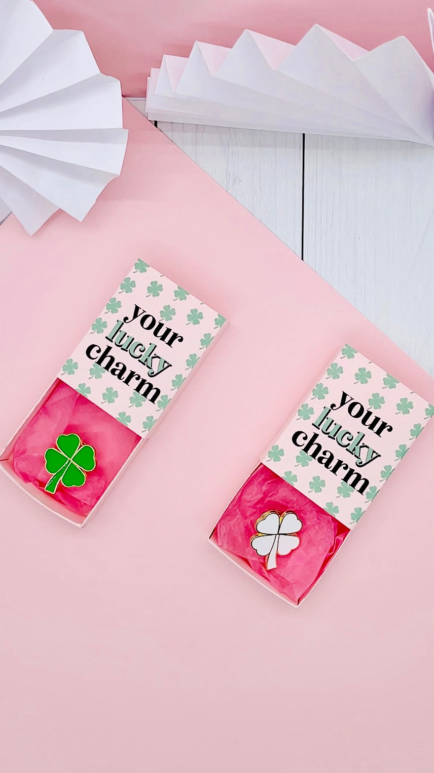Dabble Doll Pink Lucky Charm Set for Girls featuring a Shamrock Pin and a Four-Leaf Clover