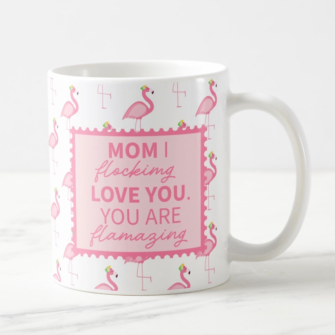Dabble Doll mom mug with pink flamingo design and heartfelt message for moms