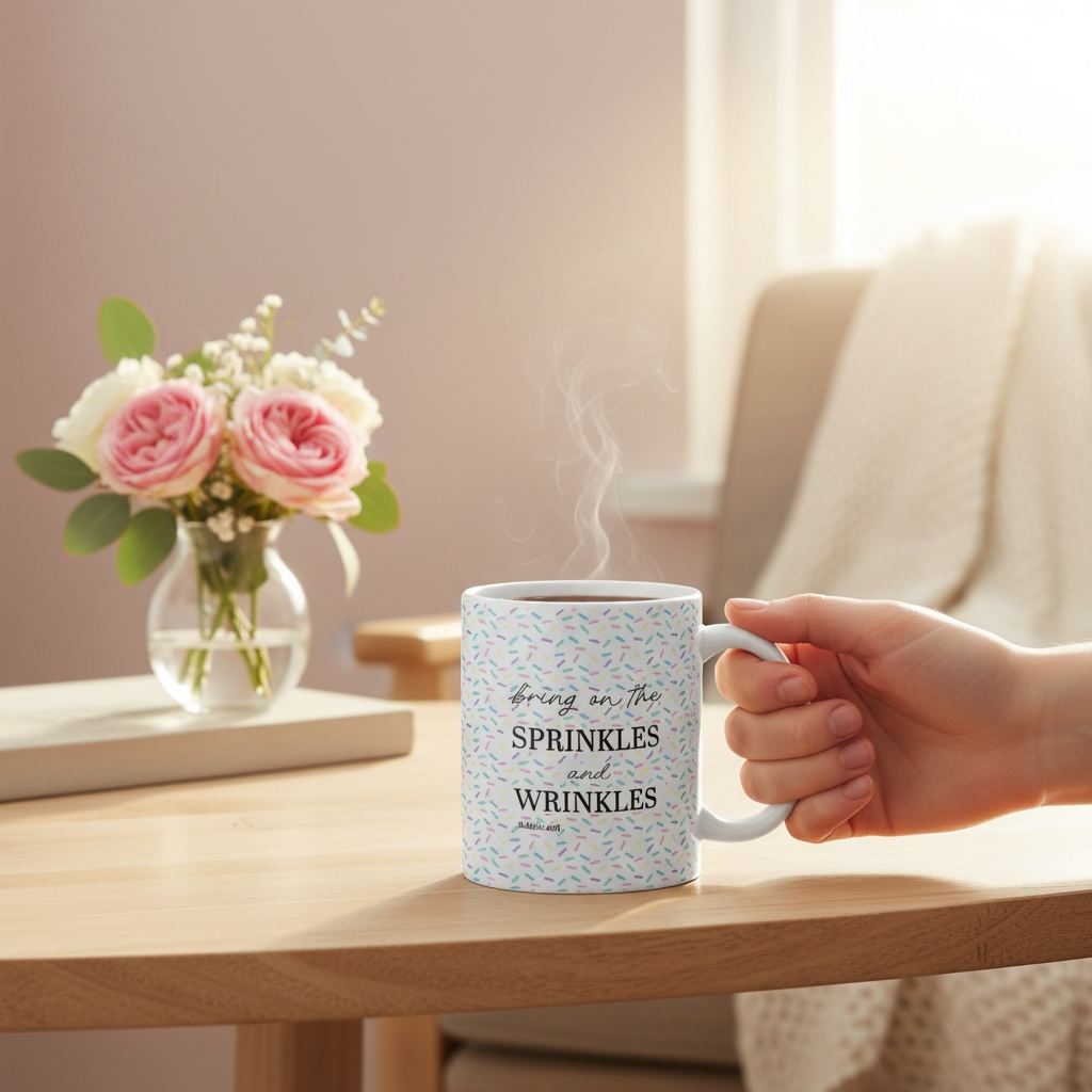 Ceramic mug from Dabble Doll featuring a colorful sprinkles design with the phrase Bring on the sprinkles and wrinkles