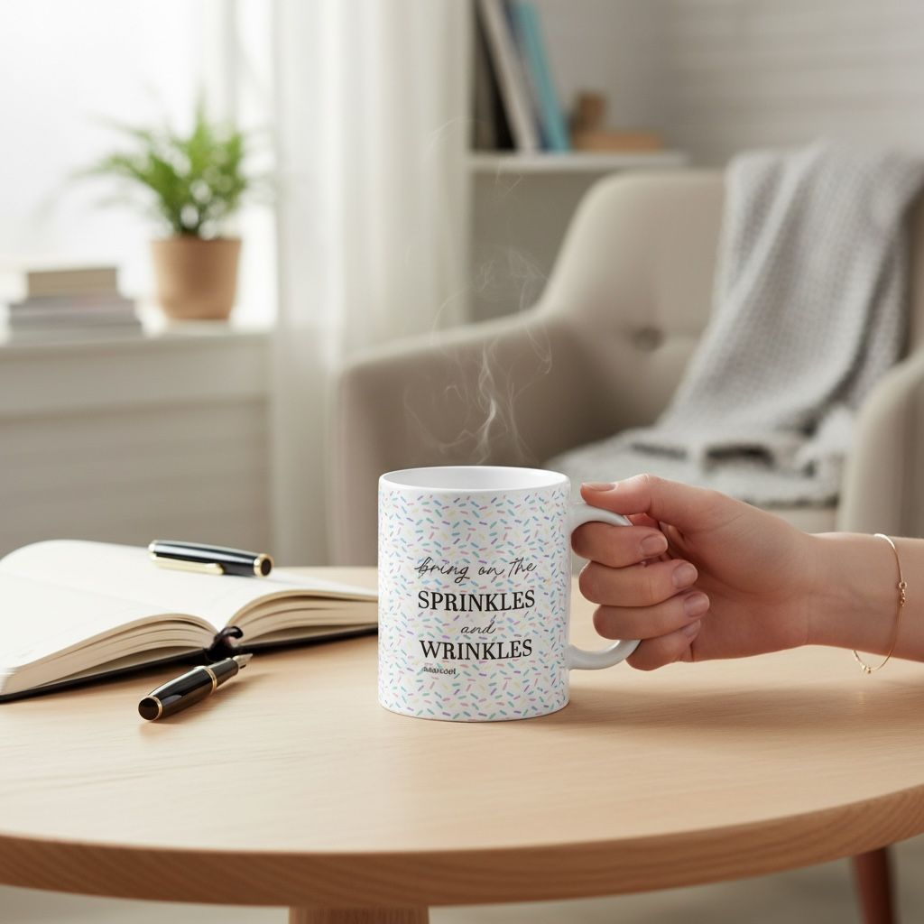 Dabble Doll coffee mug with a playful design featuring the text Bring Me The Sprinkles and Wrinkles