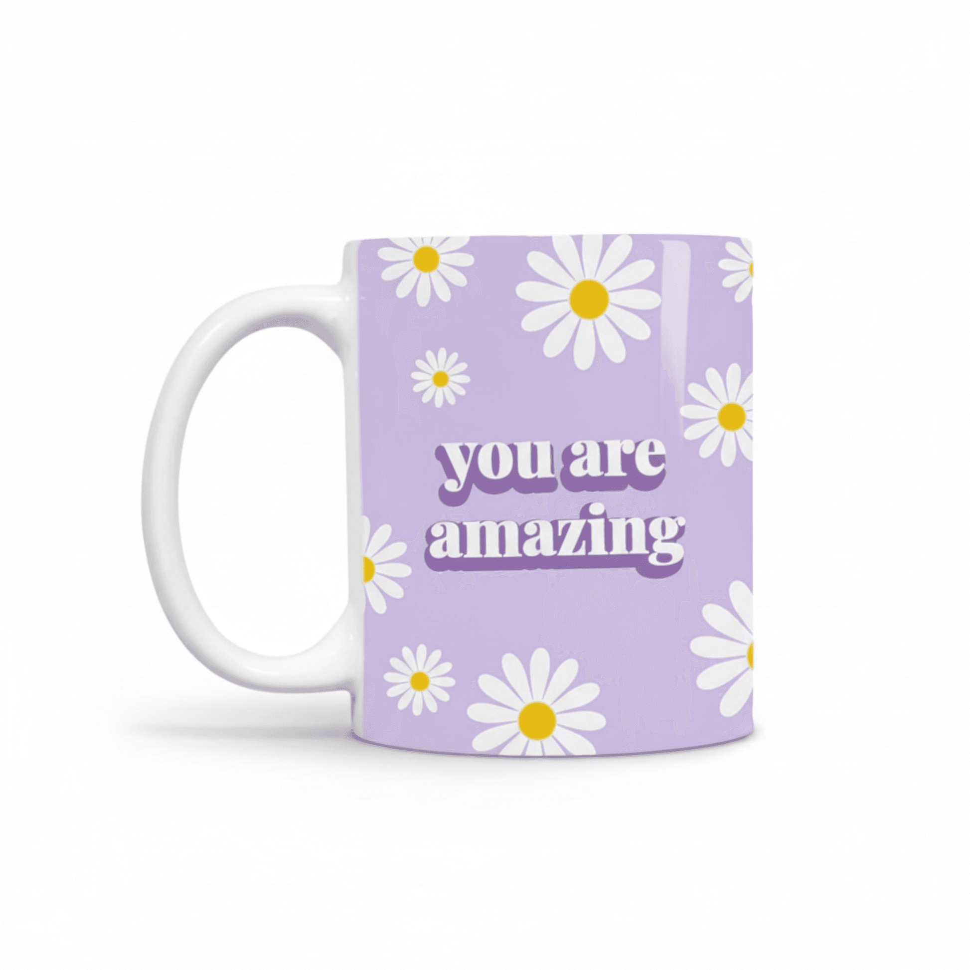 Dabble Doll Motivational Mug with a Purple Background and Daisy Design that Says You Are Amazing