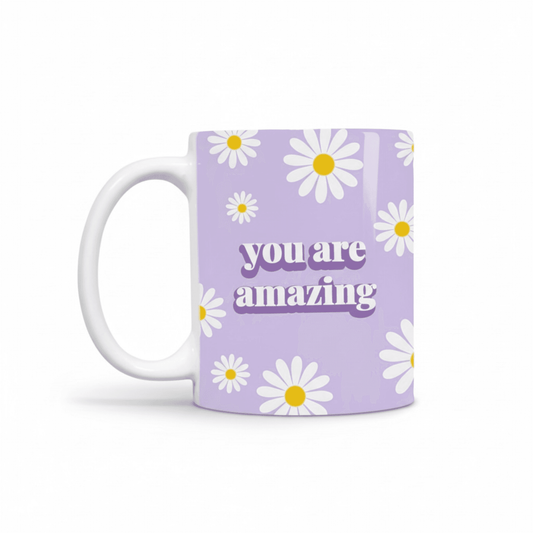 Dabble Doll Motivational Mug with a Purple Background and Daisy Design that Says You Are Amazing