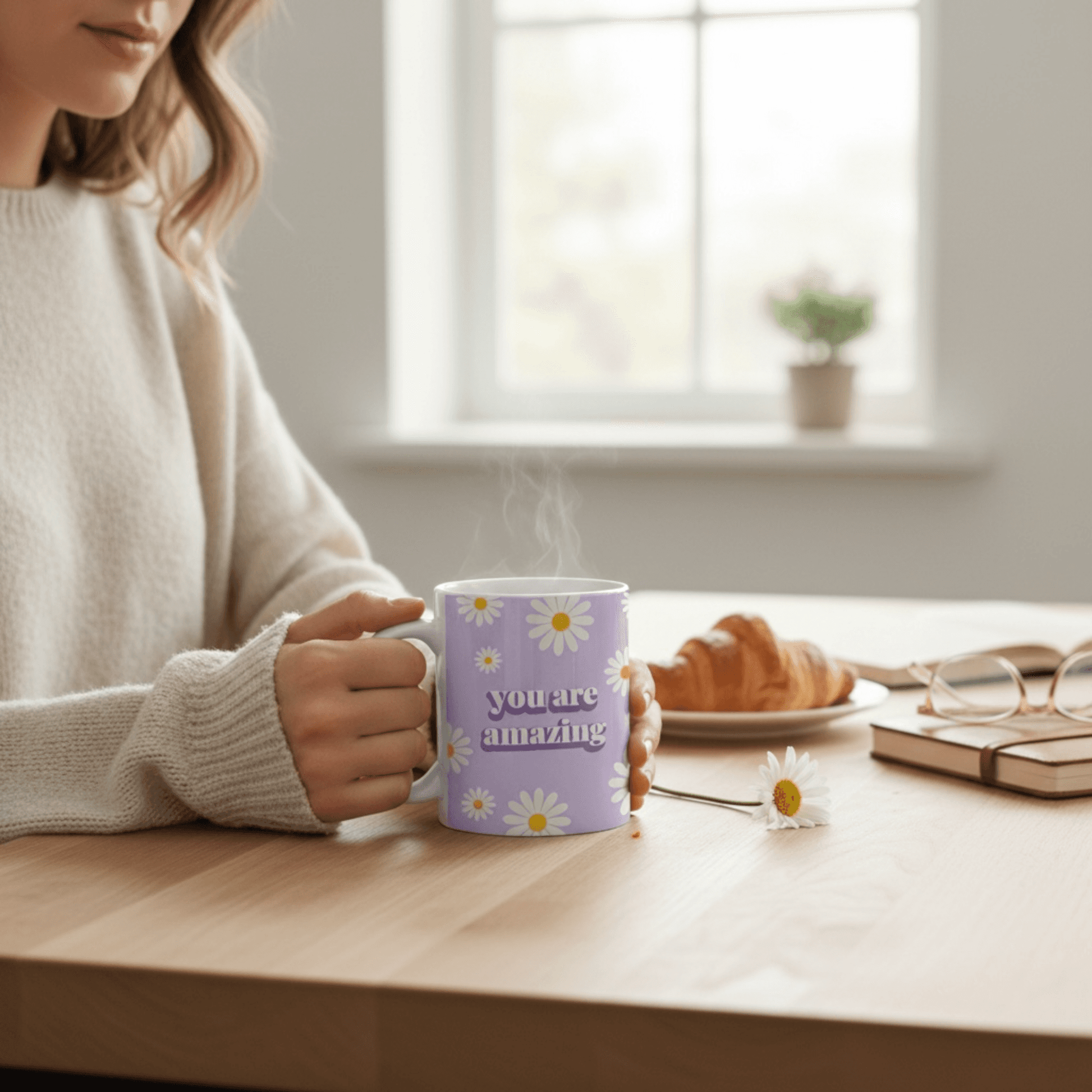 Dabble Doll lavender mug with 'you are amazing' text and floral design, perfect for coffee or tea
