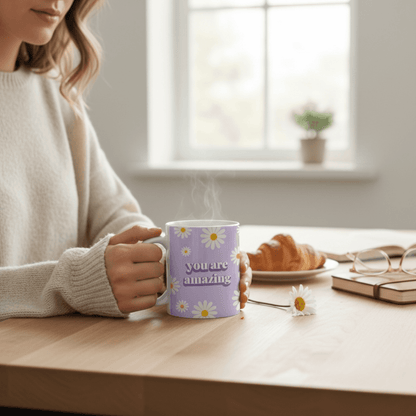 Dabble Doll lavender mug with 'you are amazing' text and floral design, perfect for coffee or tea