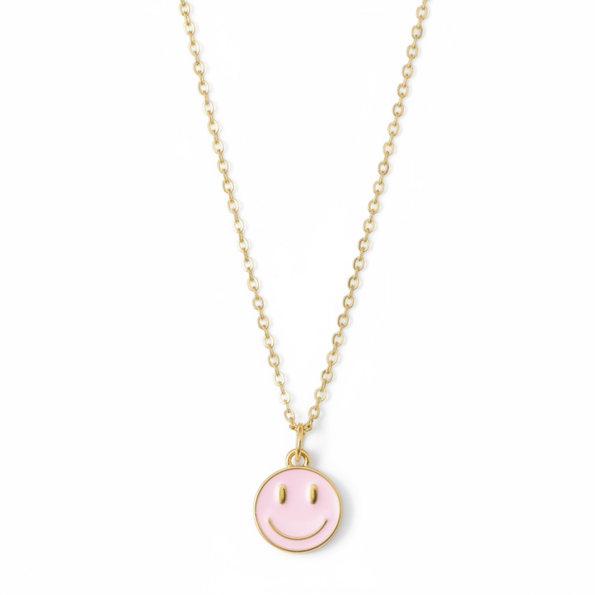 Dabble Doll necklace smiley face in gold with a pink enamel charm for cheerful style
