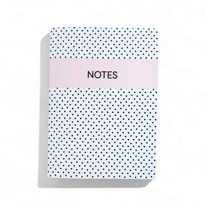 Dabble Doll polka dot Notebook in white and black for girls and women, featuring a stylish pink band