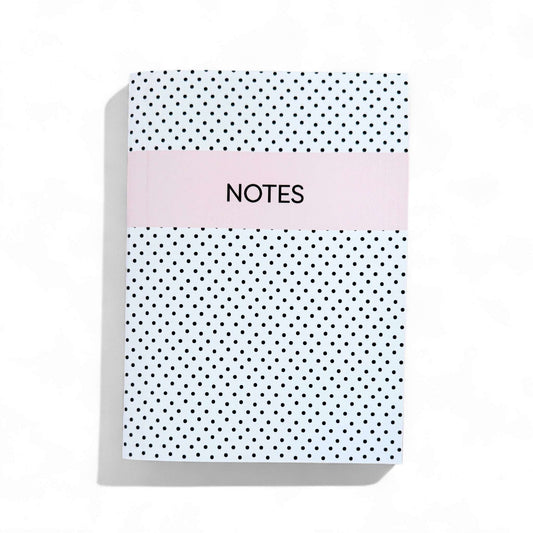 Dabble Doll polka dot Notebook in white and black for girls and women, featuring a stylish pink band
