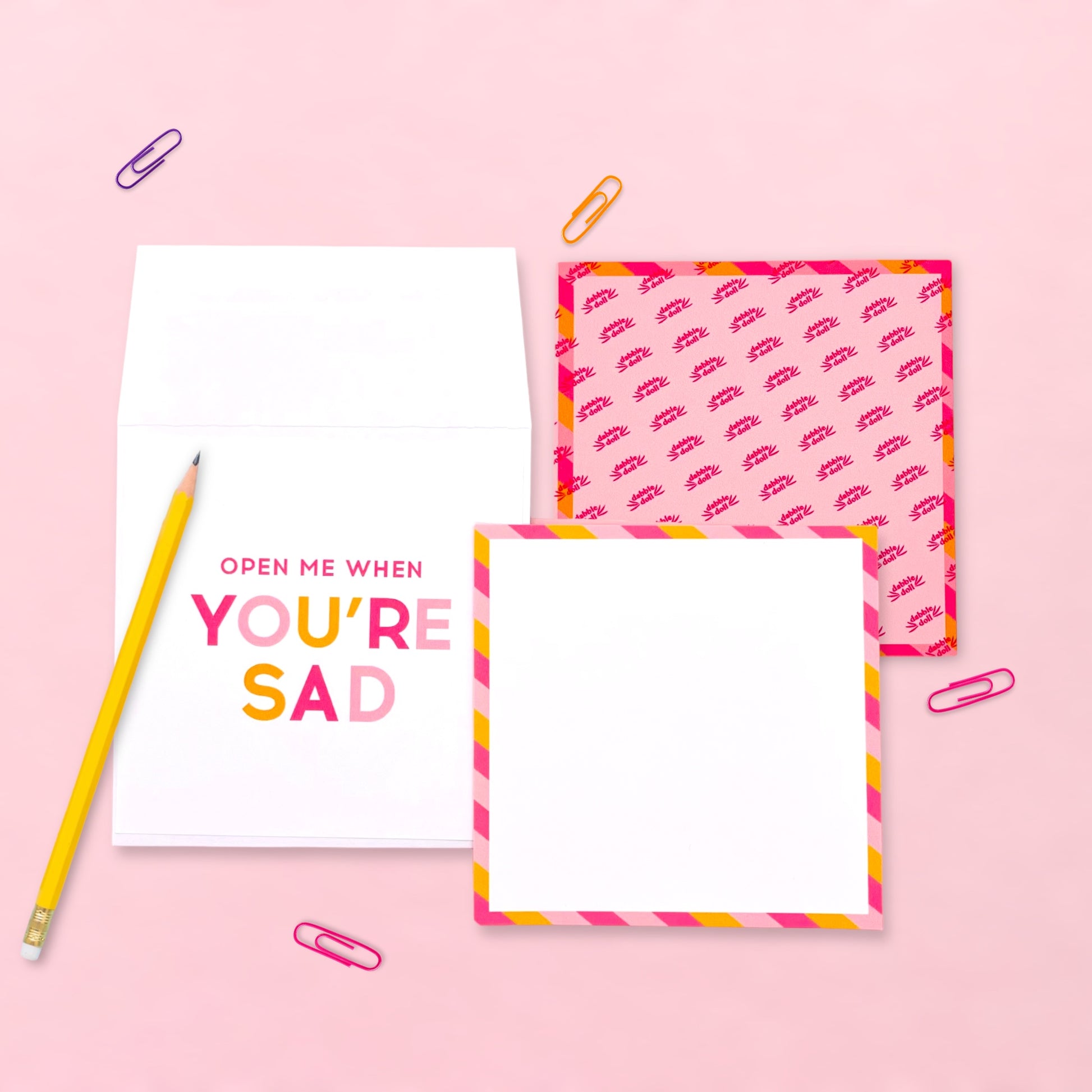 Open me when you're sad notepad set in pink and white, perfect for girls and women, made for uplifting moments