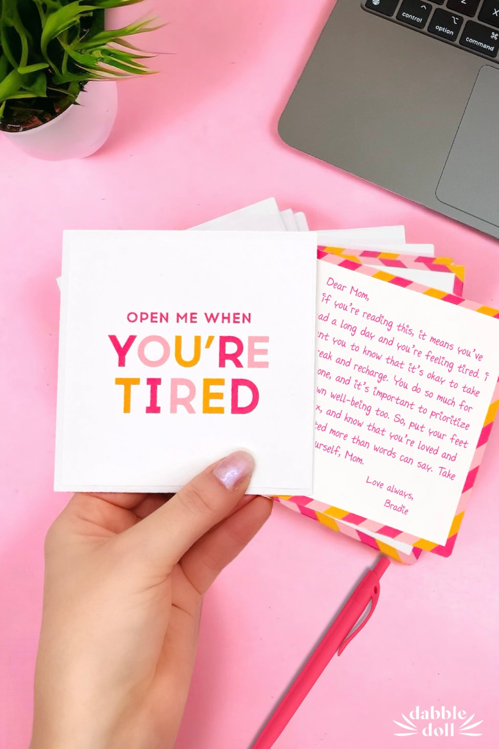 Open Me When You're Tired greeting card for girls and women in colorful design with heartfelt message