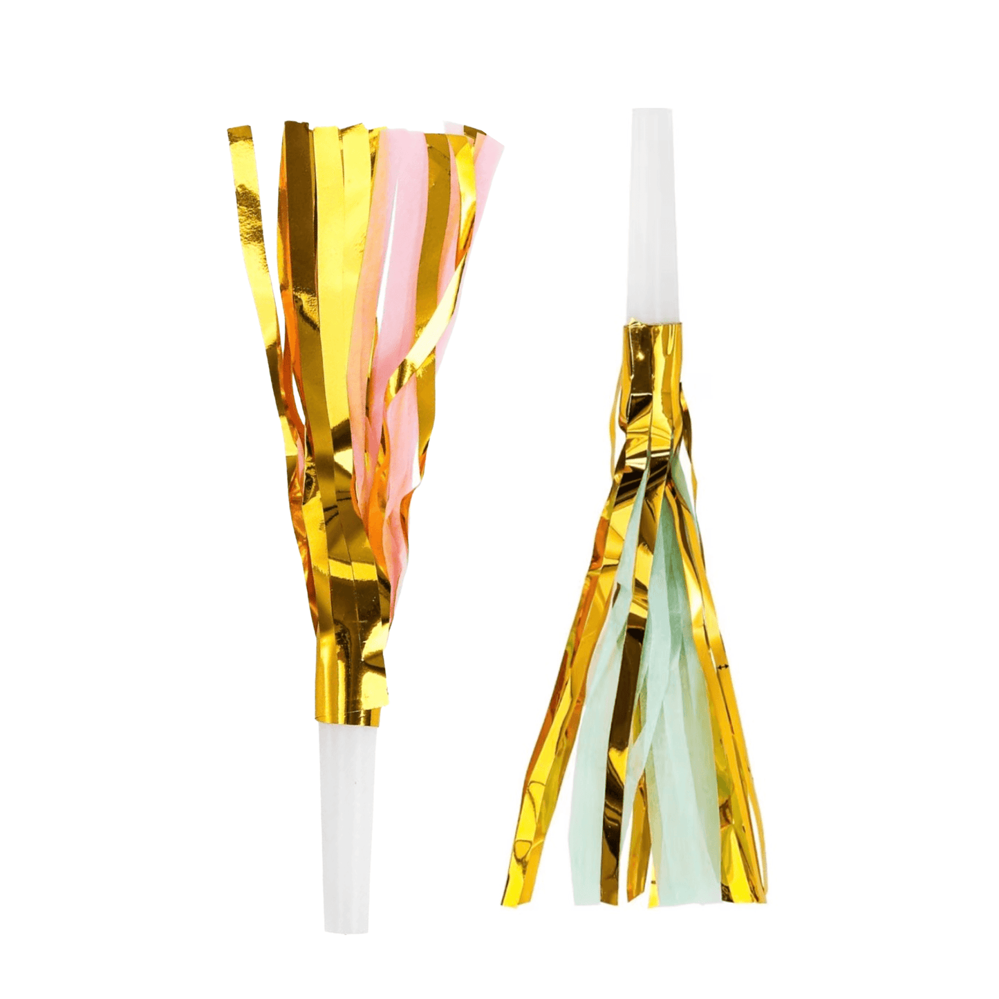 Gold and pastel party horn set by Dabble Doll for festive celebrations and events