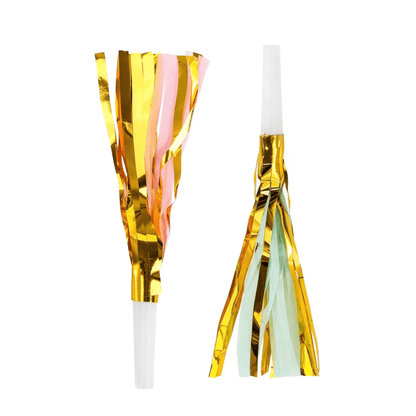 Gold and pastel party horn set by Dabble Doll for festive celebrations and events