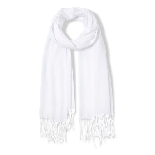 White Pashmina Scarf for Girls and Women made from Soft, Cozy Material with Elegant Fringe