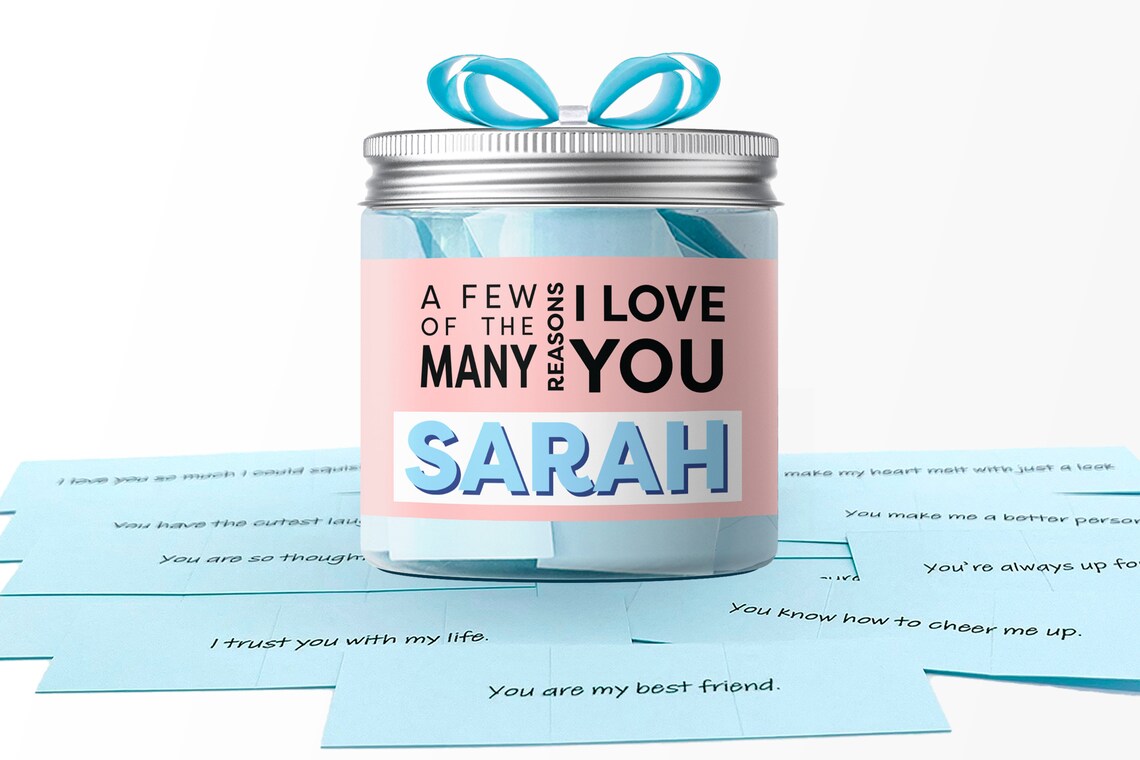 Personalized gift jar for girls featuring blue notes that express love and friendship