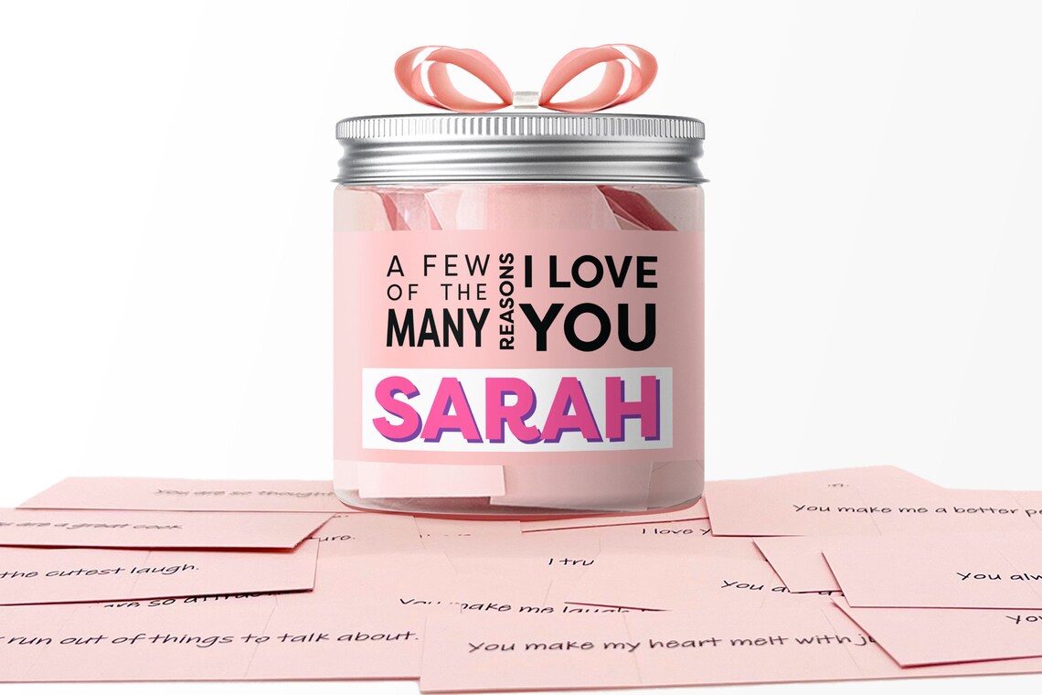 Personalized gift jar with pink notes for girls, women, or ladies sharing love messages