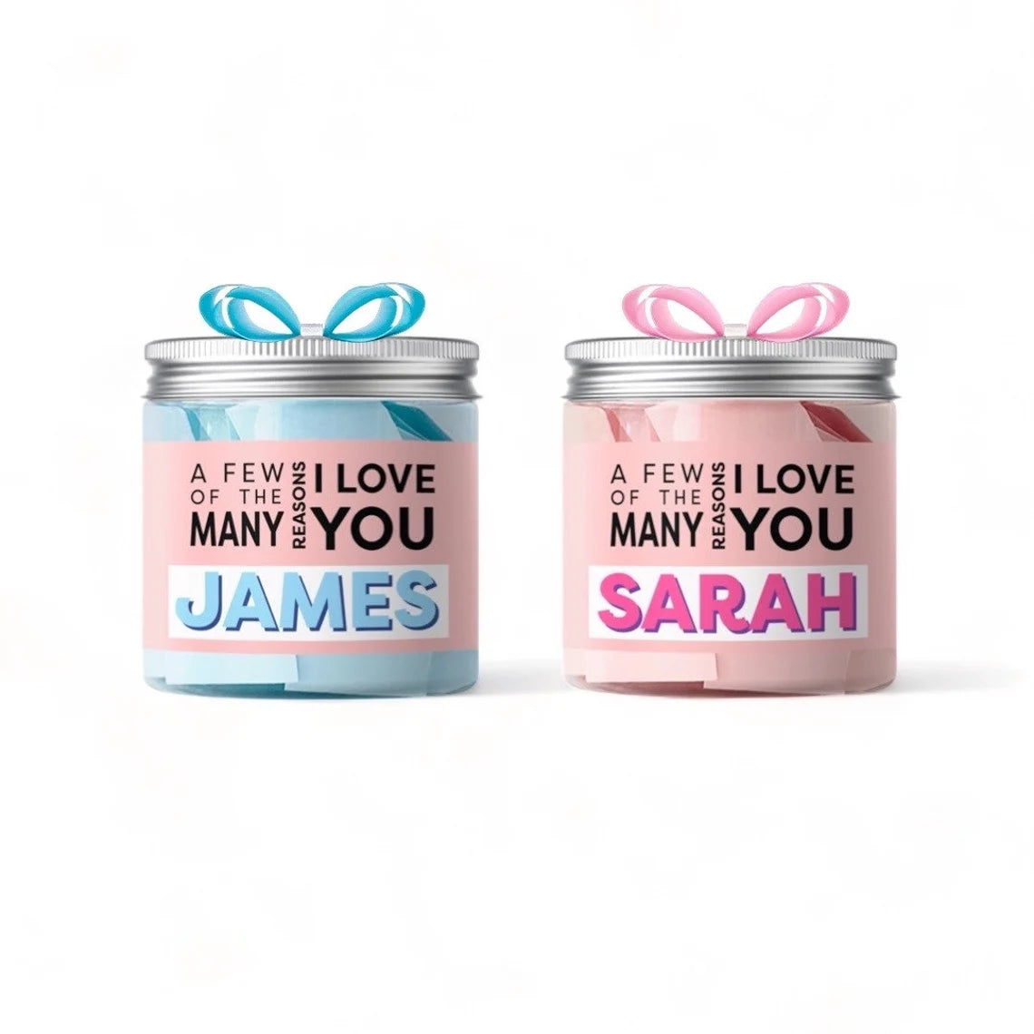 Personalized gift jars for girls in pink and blue with reasons to love you notes inside