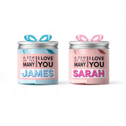 Personalized gift jars for girls in pink and blue with reasons to love you notes inside