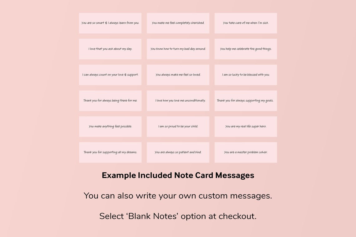 Personalized gift note card messages in pink for girls and women with customizable options