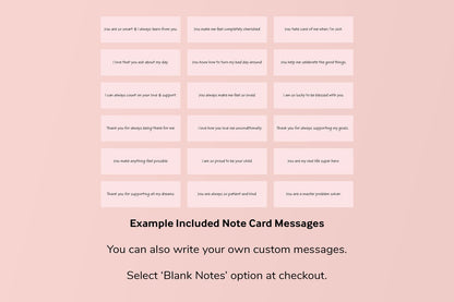 Personalized gift note card messages in pink for girls and women with customizable options