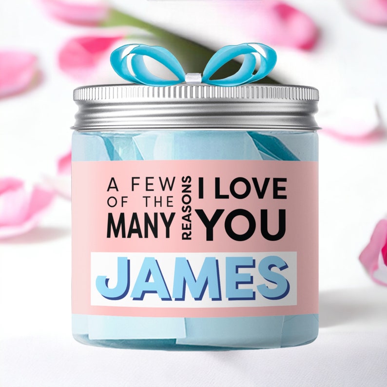 Personalized gift jar with a pink and blue design for girls and women featuring heartfelt messages