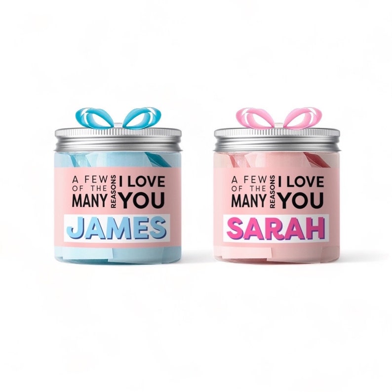 Personalized gift jars for girls with pink and blue designs, perfect for friends and loved ones
