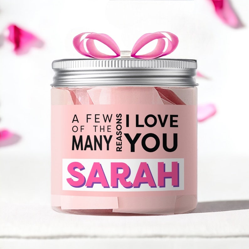 Personalized gift for girls, pink jar with reasons I love you for women featuring name Sarah