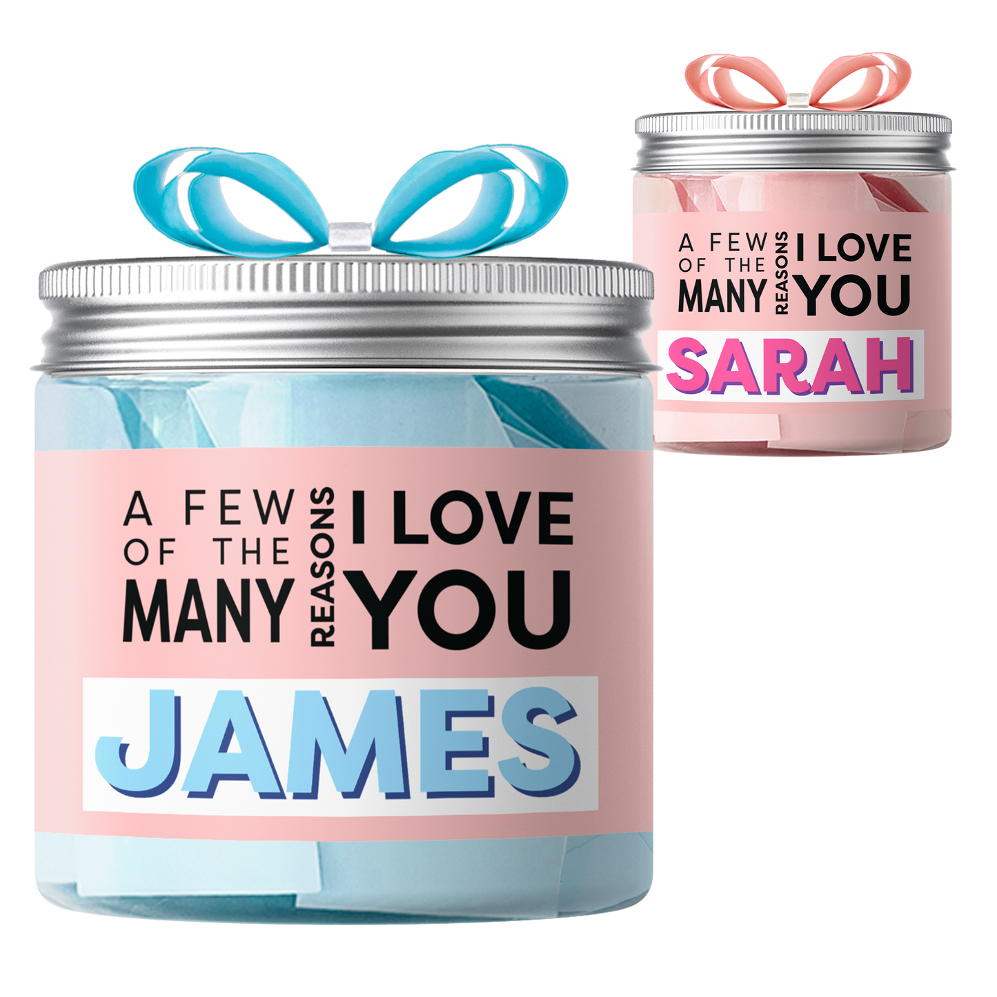 Personalized gift jars for women with pink and blue colors, celebrating love and special occasions