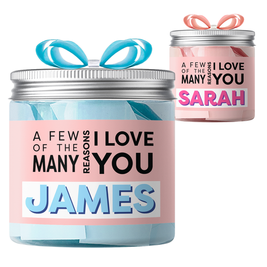 Personalized gift jars for women with pink and blue colors, celebrating love and special occasions